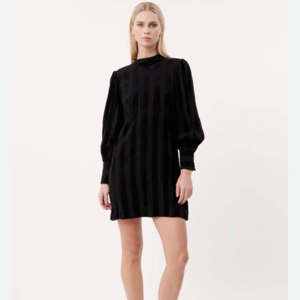 FRNCH new with tags black striped mini dress with gorgeous puffed sleeves size L